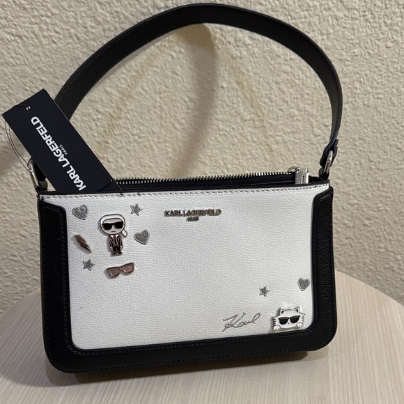 Karl Lagerfeld Black and White Shoulder Bag with Silver Accents - Picture 1 of 8